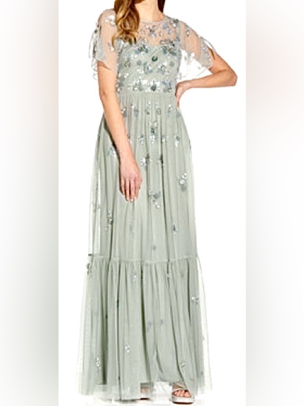 Adrianna Papell Frosted Sage Beaded Mesh Evening Gown NWT 2 Sold Out